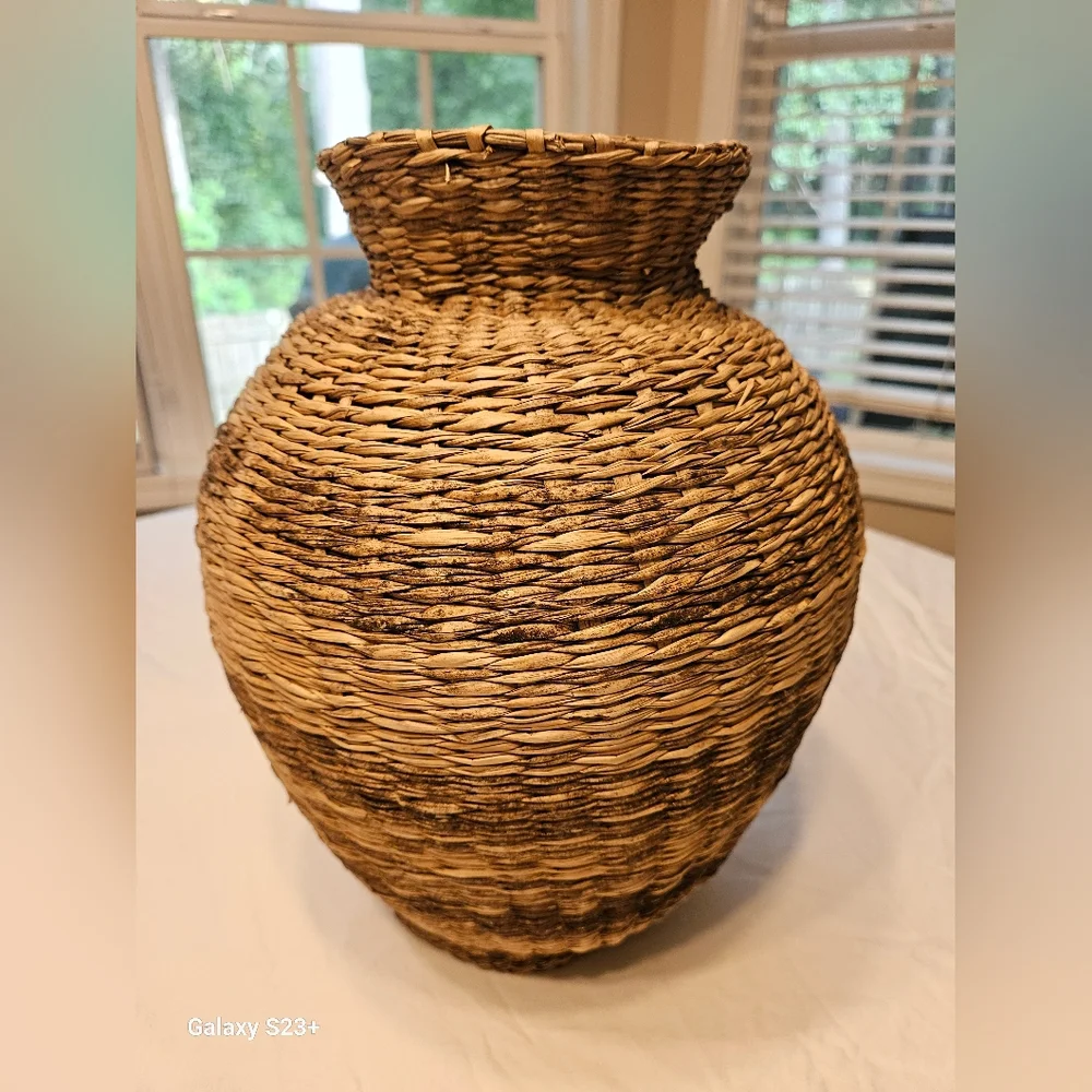 Large Handwoven  Wicker Vase Boho Decor Brown & Tan